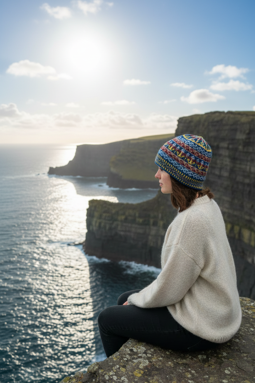 Young woman on a sunny rock by the Irish sea wearing colorwork hat