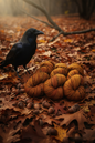 Zebra highland wool skeins on oak leaves with crow