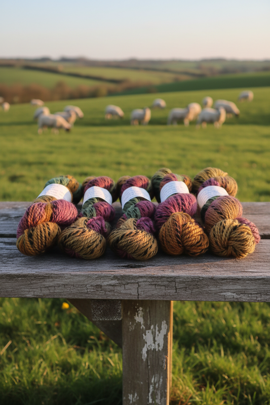 Zebra highland wool skeins on wooden bench with sheep pasture